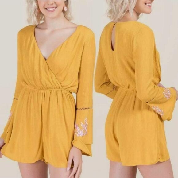 Miami Yellow Long Sleeve Wrap Romper Embroidered Bell Sleeves & Keyhole Back XXS - Picture 1 of 10